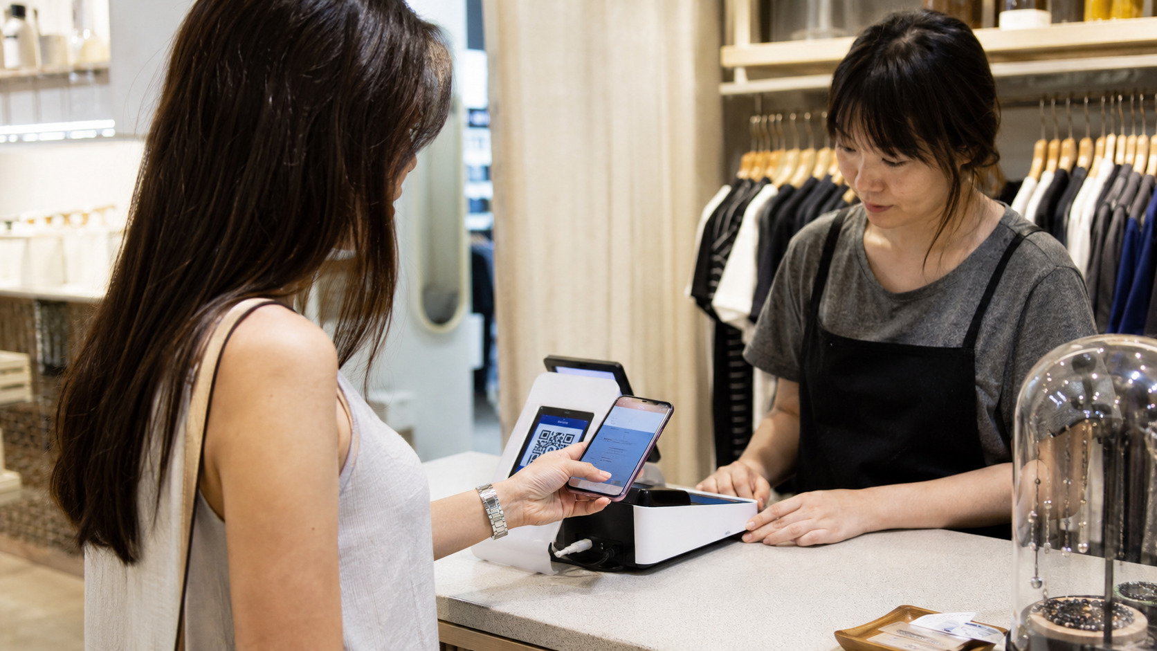 Singapore retail checkout, Asian customer scanning a QR code from her smartphone at a counter while an Asian staff member assists.