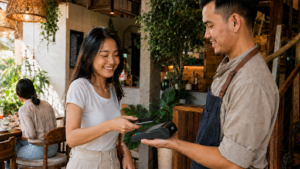 Asian customer using a contactless POS terminal at a café in Southeast Asia for a fast and convenient in-store payment. 