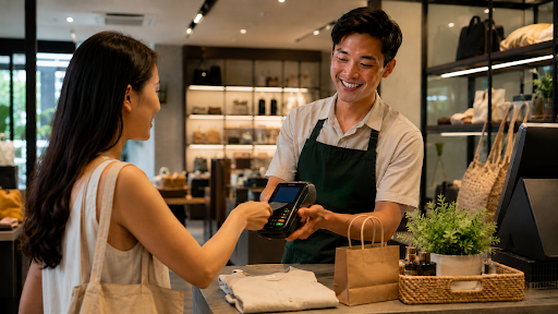 Asian retail customer making a card payment with a POS terminal at a modern store in Southeast Asia.